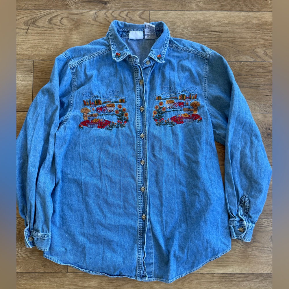 Blue Denim Shirt with Floral Embroidery